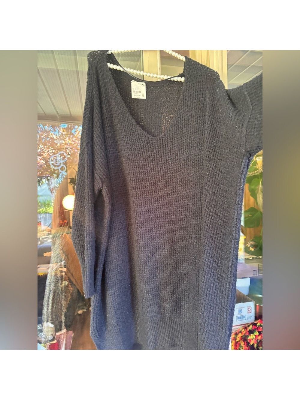 NWT FREE PEOPLE Oversized Black Waffle-Knit Slouchy Sweater • V-Neck • Fit S–3XL - Picture 4 of 13
